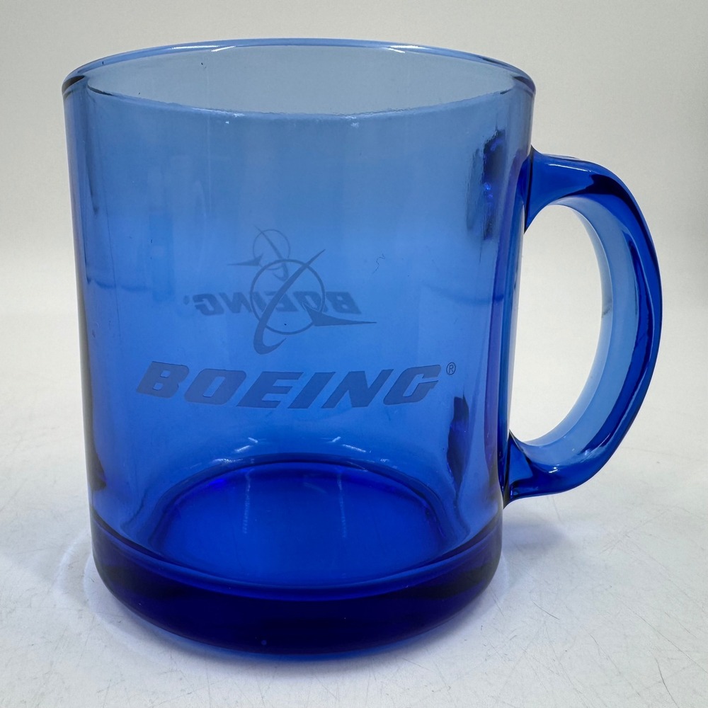 Vintage Cobalt Blue Glass‎ Boeing Coffee Mug Cup Logo Aviation Gift